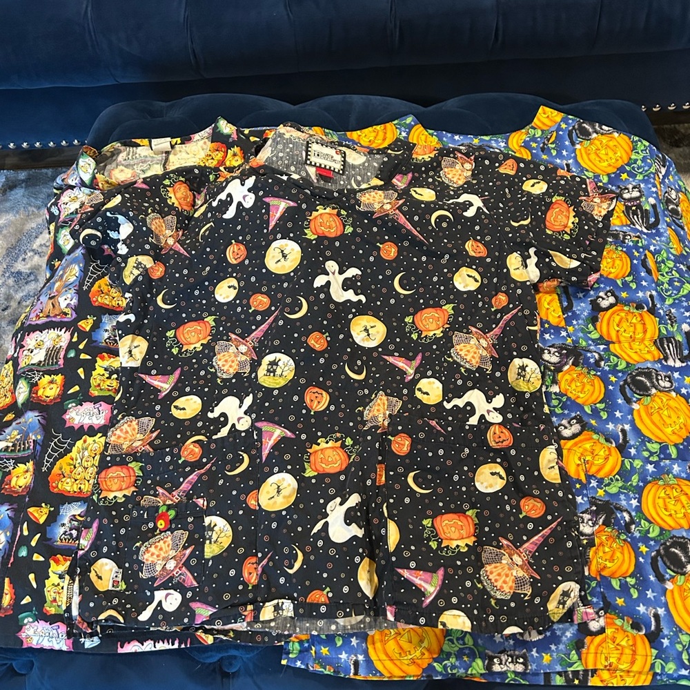 Halloween Print Scrub Shirt — Black with Orange & Yellow Accents